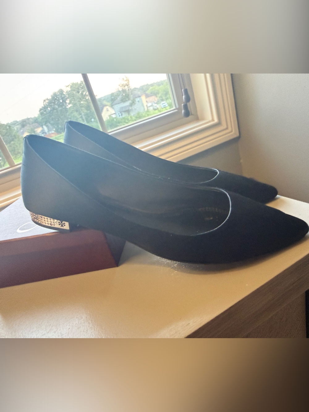 Tory Burch Black Suede Pointed-Toe Flats with Metallic Heel Accent